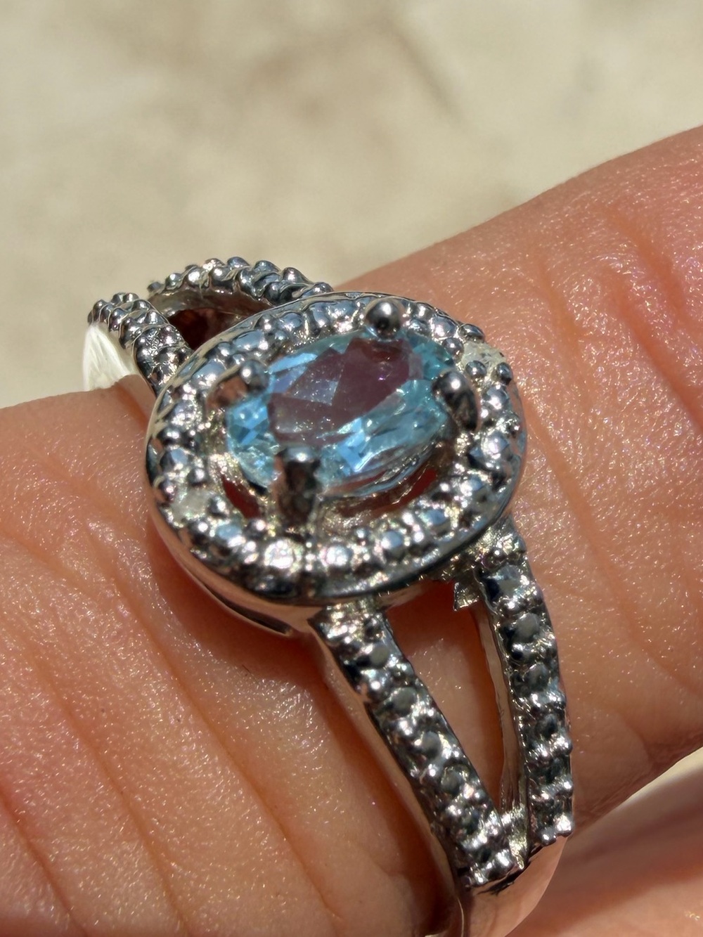 Sterling Silver Aquamarine Halo Ring with White Sapphire Pavé Accents